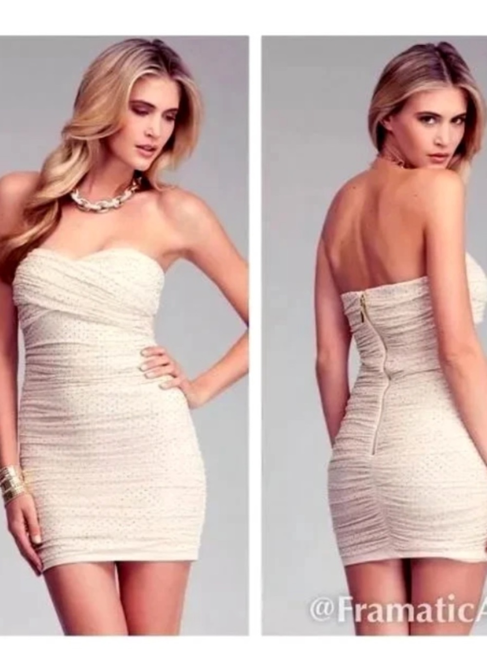 $160 bebe beige mesh ruched gold zip studs strapless sexy top dress XS